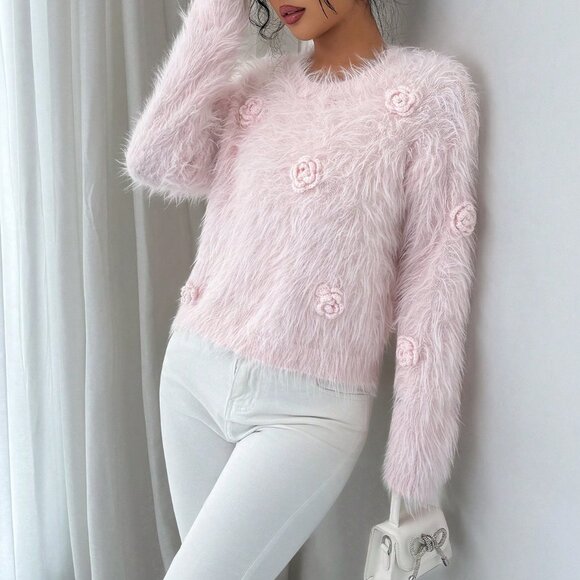 Pink Casual Elegant Women's Faux Mink Fluffy 3d Rose Flower Long Fur Sweater - Picture 2 of 8